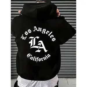 Men's Los Angeles California Graphic Hoodie - Cotton Blend Black Long Sleeve Pullover Regular Fit |   Soft & Breathable Fabric, Durable Print, Everyday Comfort, Machine Washable, urban streetwear city backdrop