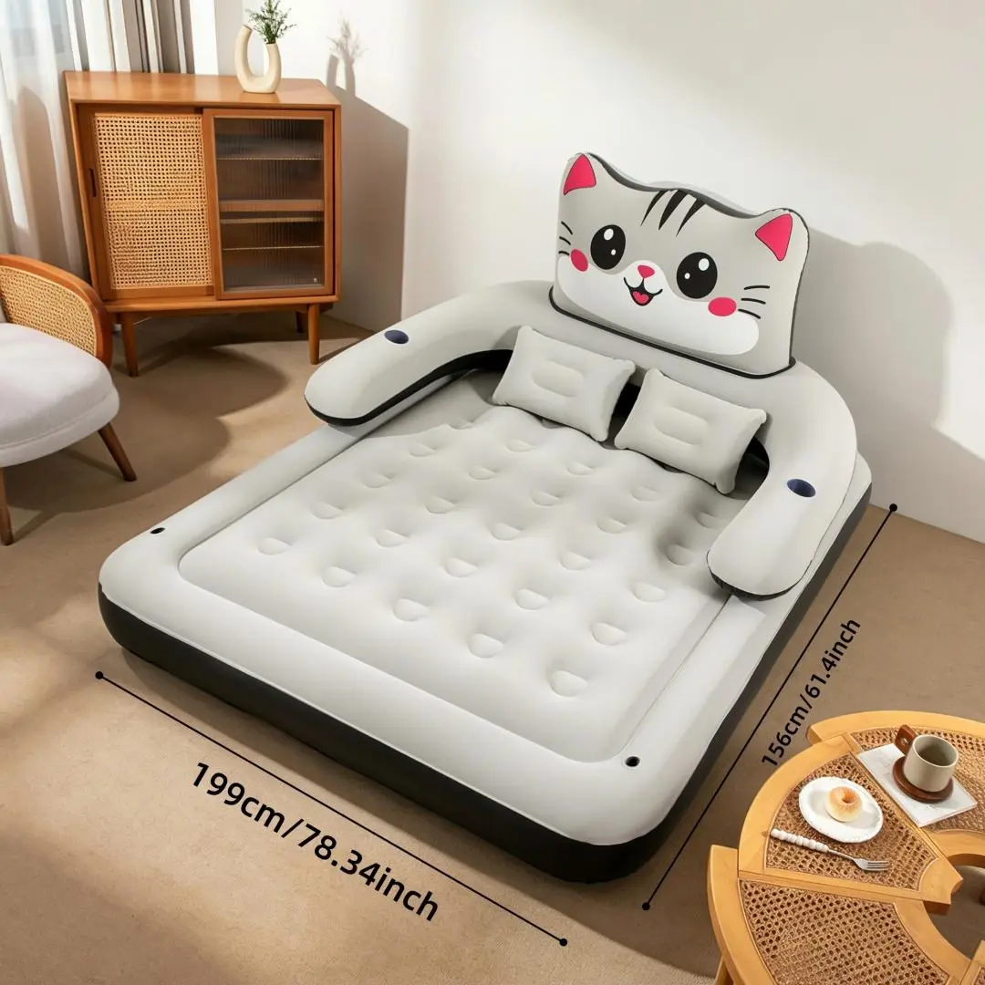 Cute cat inflatable mattress with headboard, 3-in-1 Backrest Air Mattress, Comfortable Flocking Surface Inflatable Bed with Built-in Pillows and Armrests, Adult Dual-size Inflatable Bed, Camping, Family, Travel, 2-person Portable Inflatable Bed,No pump.