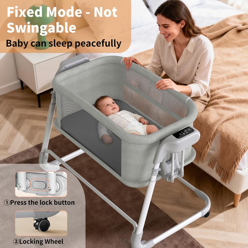 Electric Rocking Bassinet for Baby – Automatic Bluetooth-Enabled Smart Crib with Wheels, 4-Height Adjustable Bedside Sleeper, 5-Speed Swing for Newborns & Infants