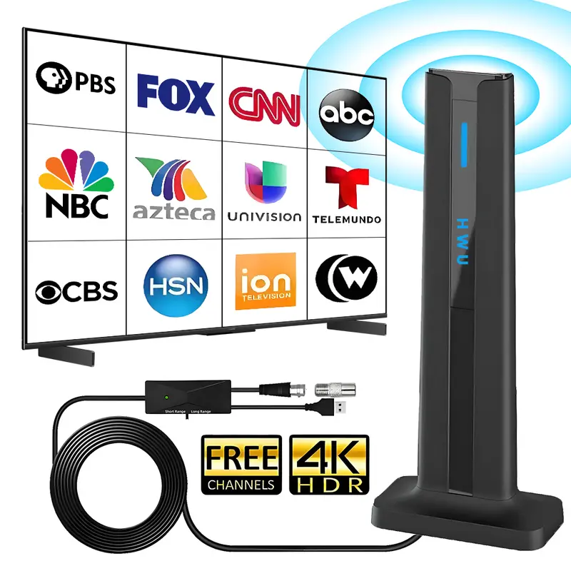 Indoor HDTV Antenna with 3M-Stick Base Long Range Amplified TV Antenna with Signal Booster for Free Local Channels Signal Reception May Vary by Area & Strength