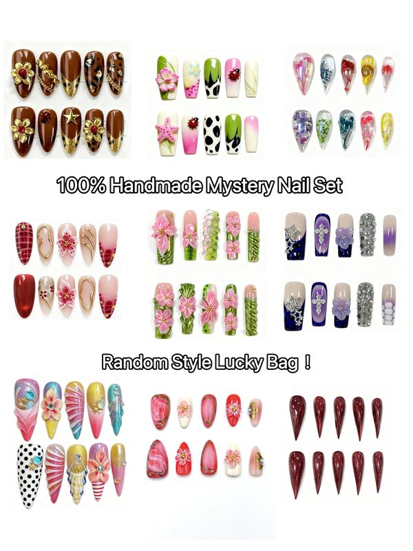 Thalomis° 100% Handmade Mystery Nail Set — Solid Design with Sticky Tabs, Nail File & Cuticle Stick, Natural Plant-Based Adhesive, Safe & Harmless Press-On Nails