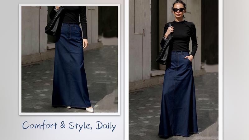 UOOZEE Women's 2026 New Autumn Spring Old Money H-Shaped Basic Womenswear Maxi Skirt, Minimalist Solid Loose Fit Zipper Elegant Daily Outings Date Night Outfit, Commuting Bottoms with Pockets