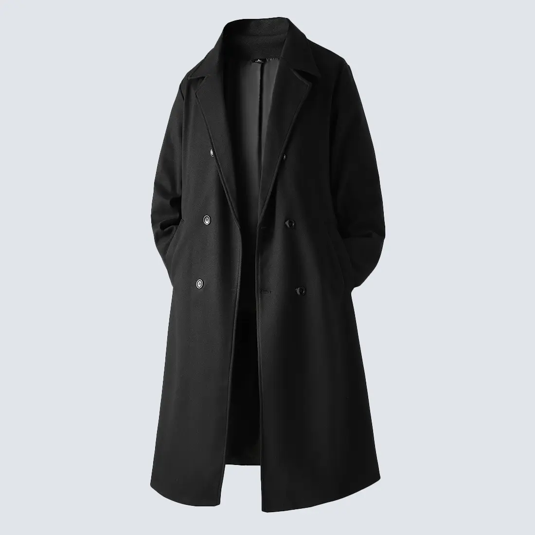 Men's Solid Color Long Double-Breasted Woolen Overcoat with Inner Pockets & Slanting Side Seam Design Formal Suit Collar Dress Jacket for Office Commuting Conference sohochic