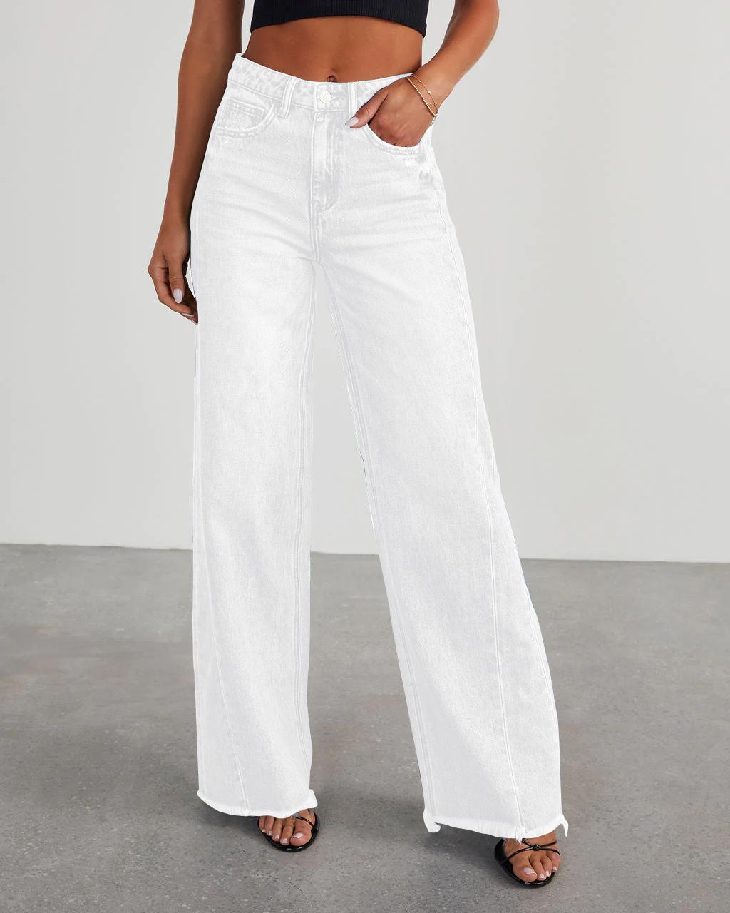 USBoutique Chic  Women's Fashionable Cute Wide Leg Jeans Flowy High Waisted Strechy Raw Hem Zimbaplatinum Denim Pants(2 or 3 for fs)