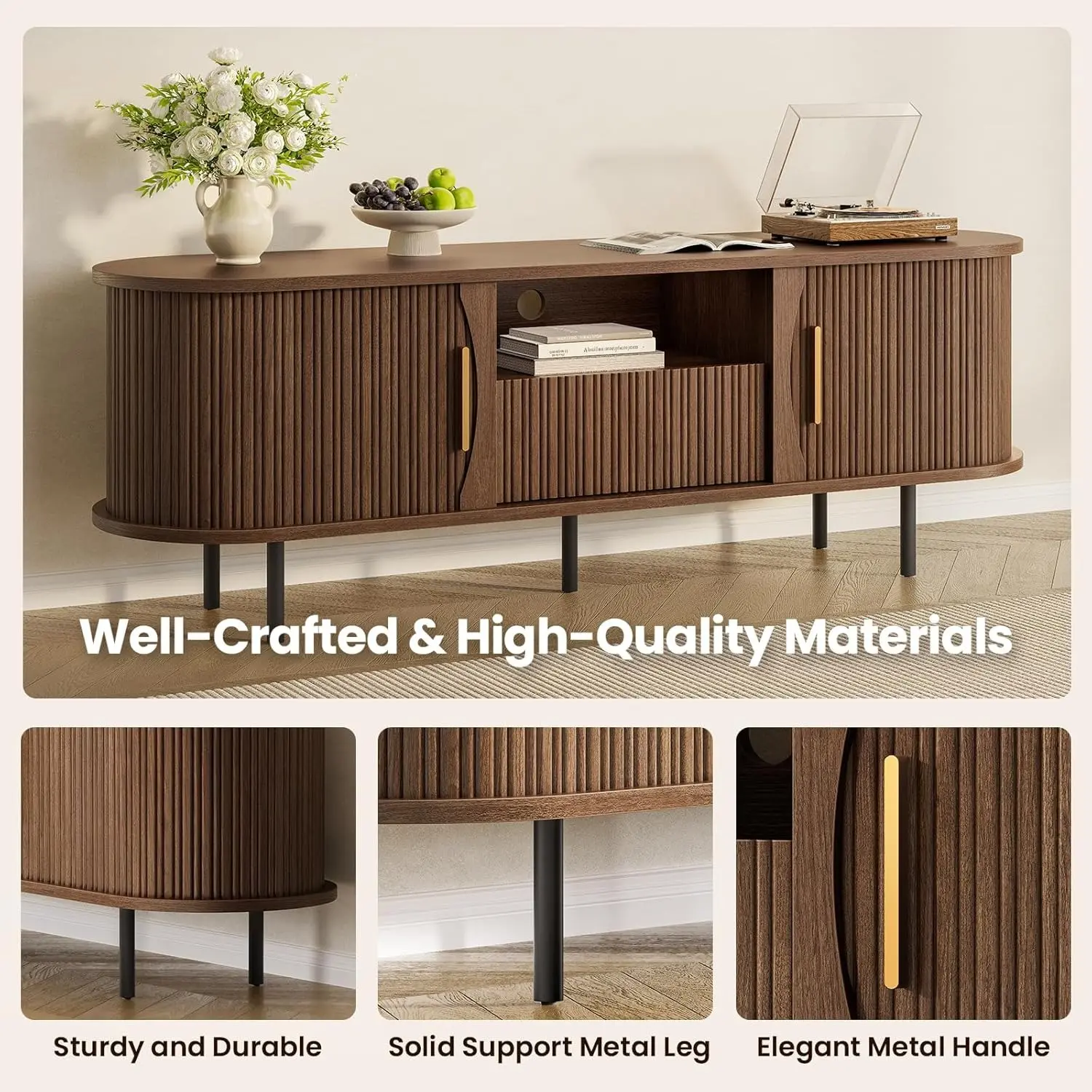 Sikaic 63 inch Mid-Century TV Stand with Storage, Fluted Entertainment Center with Sliding Doors and Drawer, Media Console up to 65 Inch for Living Room, Bedroom, Walnut Brown, Tv Console Table, Minimalist Tv Stand