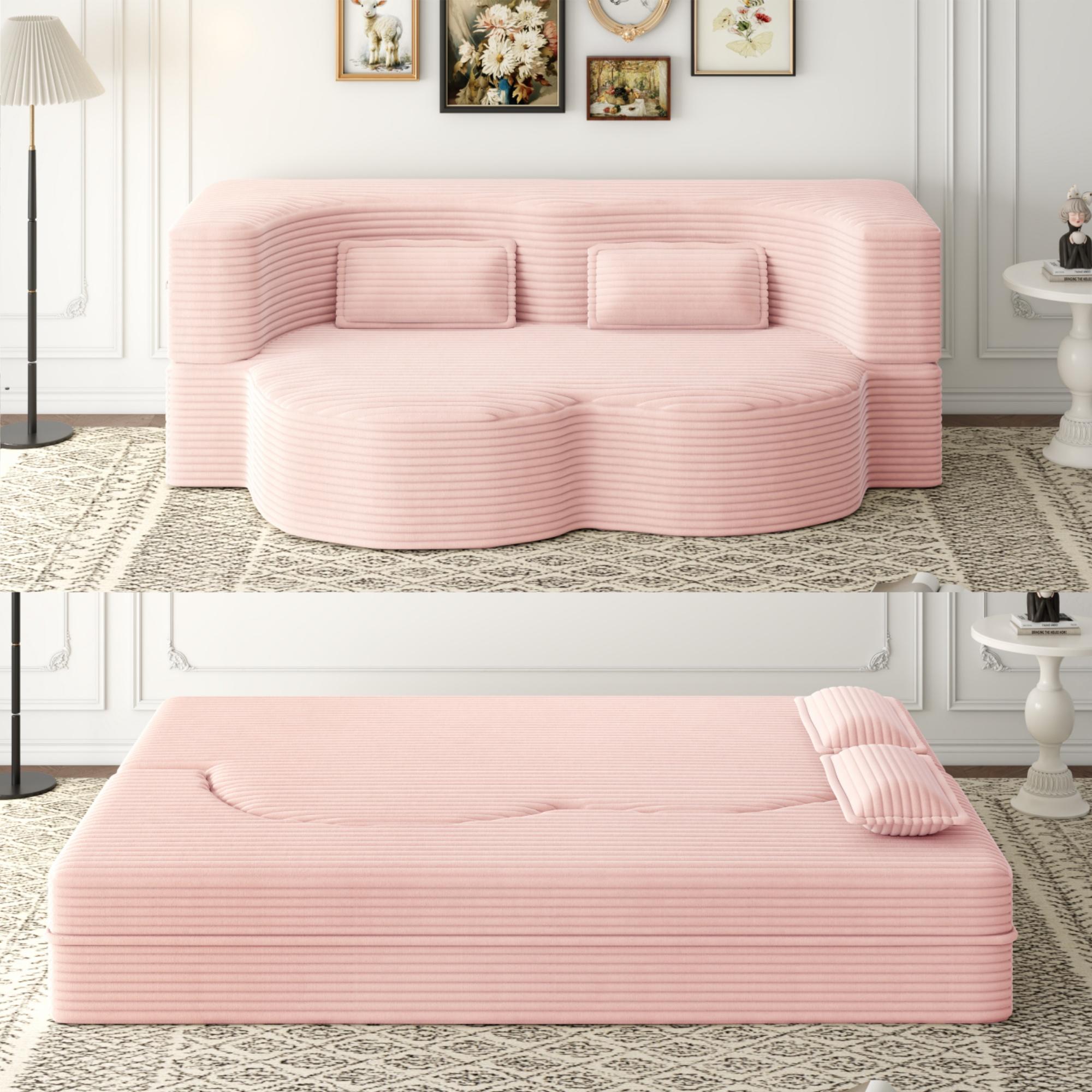 Eyisean 78in Corduroy Upholstered Padded Seat Sleeper Sofa Bed - Modern 2-in-1 Full-Size Foldable Durable Polyurethane Foam Mattress with 2 Pillows, Boneless Couch for Living Room/Dorms, 78"l x 54"w x 30"h, No Assembly Required for Everyday Relaxation