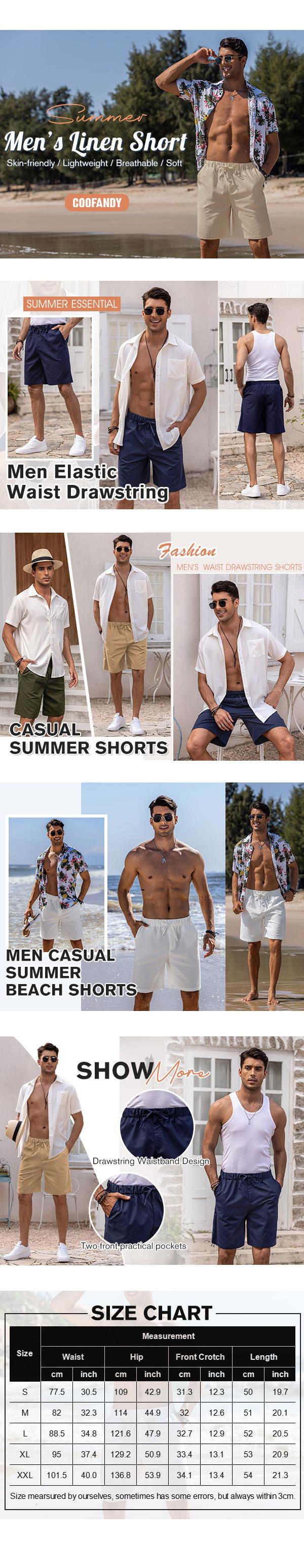 COOFANDY Men’s Linen Short Elastic Waist Drawstring Casual Summer Beach Shorts Breathable Pocket Menswear