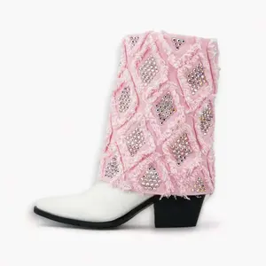 Gram Glam Pink and White Denim Boot with Crystal Diamonds