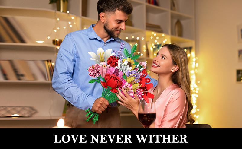 Flower Bouquet Building Set, Valentines Day Botanical Collection Building Block Toy 1461 PCS, 18 Flowers Rose Sunflower Home Plant Decor, Birthday Gifts for Adults Women Boys Girls 8-12+