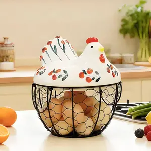 Easter Basket Ideas 2026 Farmhouse Ceramic Chicken Egg Basket with Lid – Floral Embossed Decorative Kitchen Storage Container for Eggs, Fruits & Spring Table Centerpiece