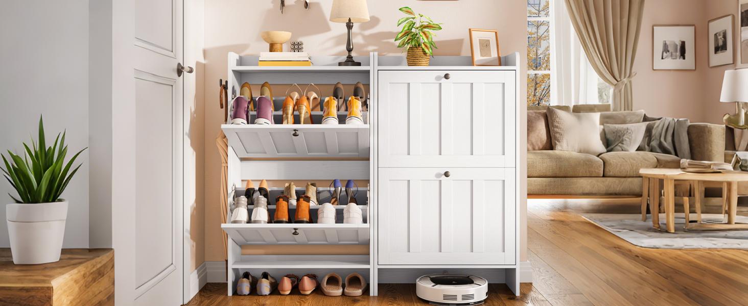 Gizoon Shoe Cabinet with Open Storage Shoe Storage Cabinet for Entryway Freestanding Narrow Rack with 2 Flip Drawers Space-Saving for Hallway Apartment Furniture Small Space Adjustable Shelf