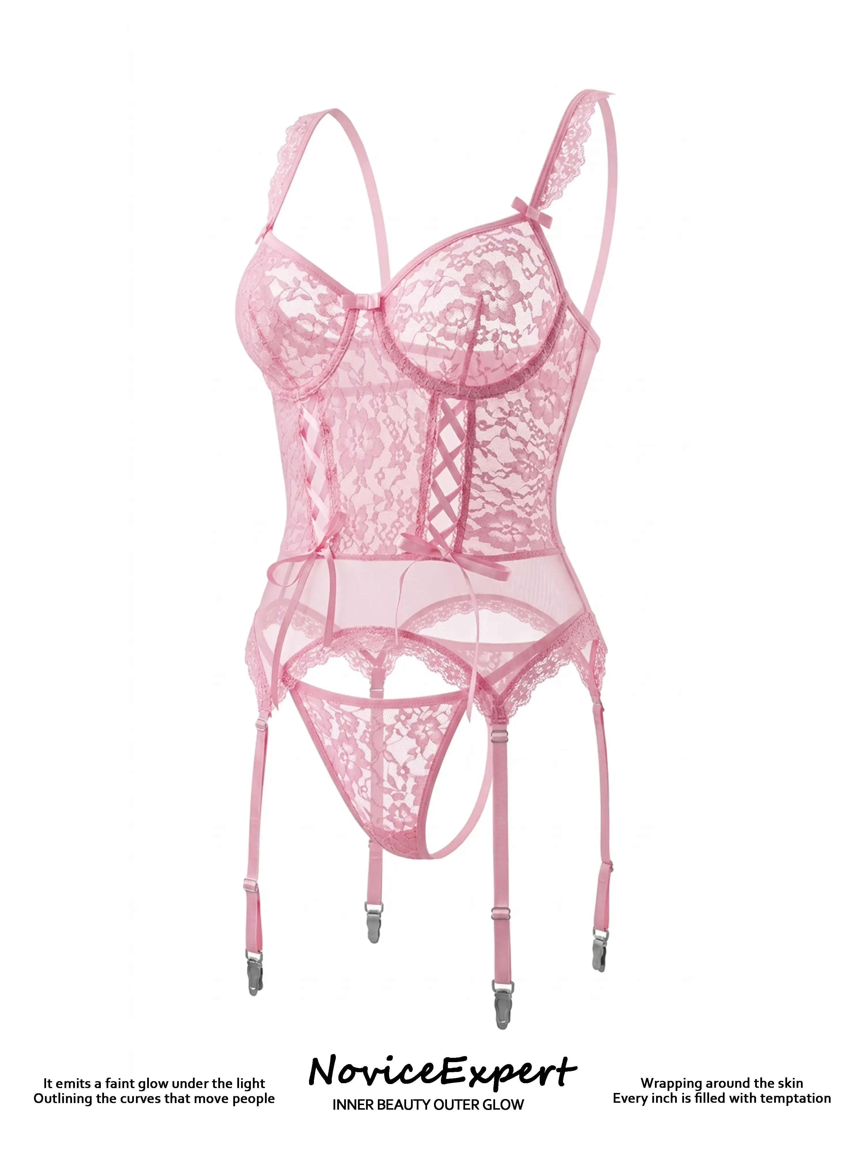 Women's 3 Piece Lingerie Set, Lacy Floral Polyester Longline Corset, V-Neck Underwire Garter Top with Matching Stockings, Romantic, Corset-Lace, High Stretch, Contrast Lace Lingerie, Corset Tops