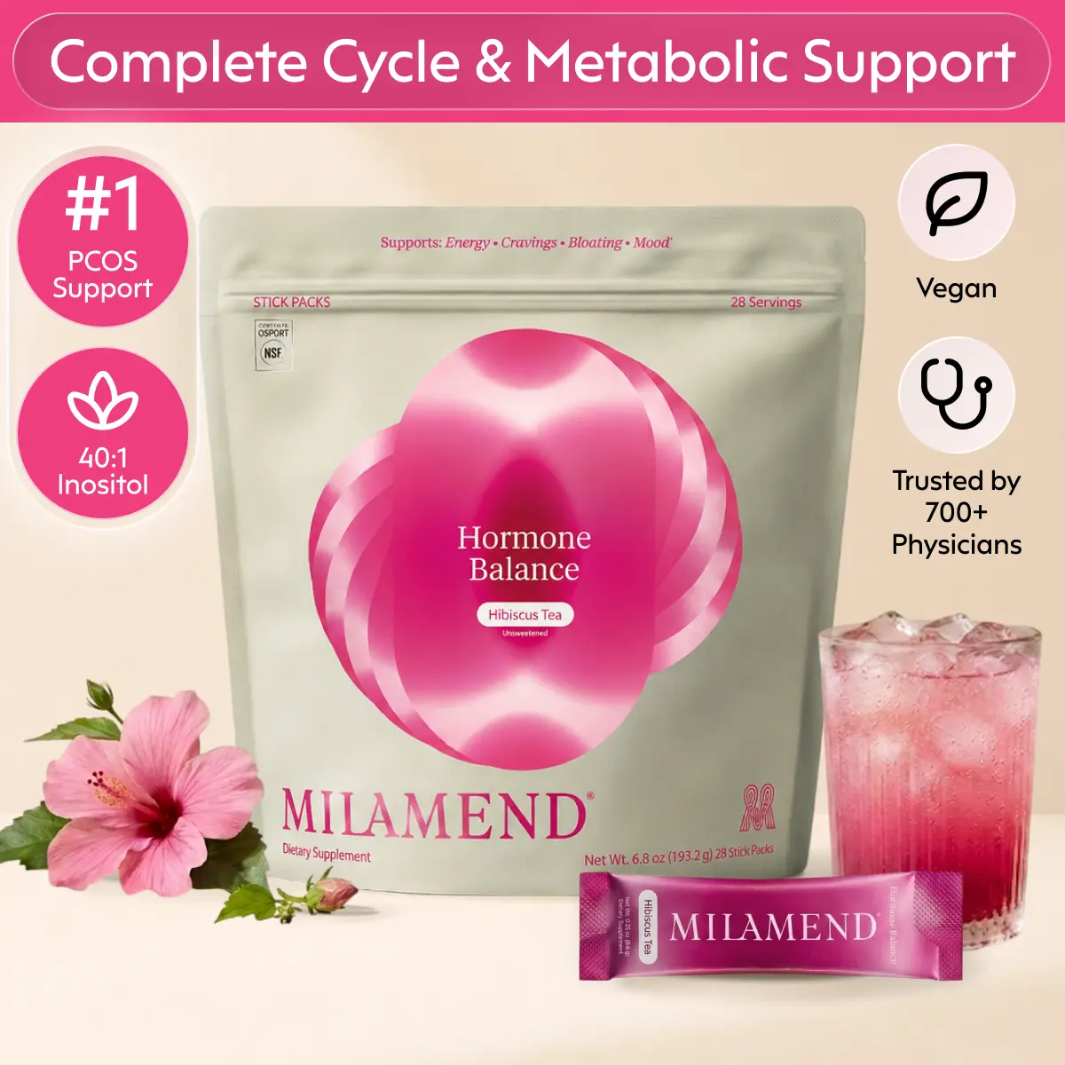Milamend Hormone Balance Powder for Women - Supports Energy Cycles Skin & PCOS with Inositol CoQ10 & B6 - Stick Pack