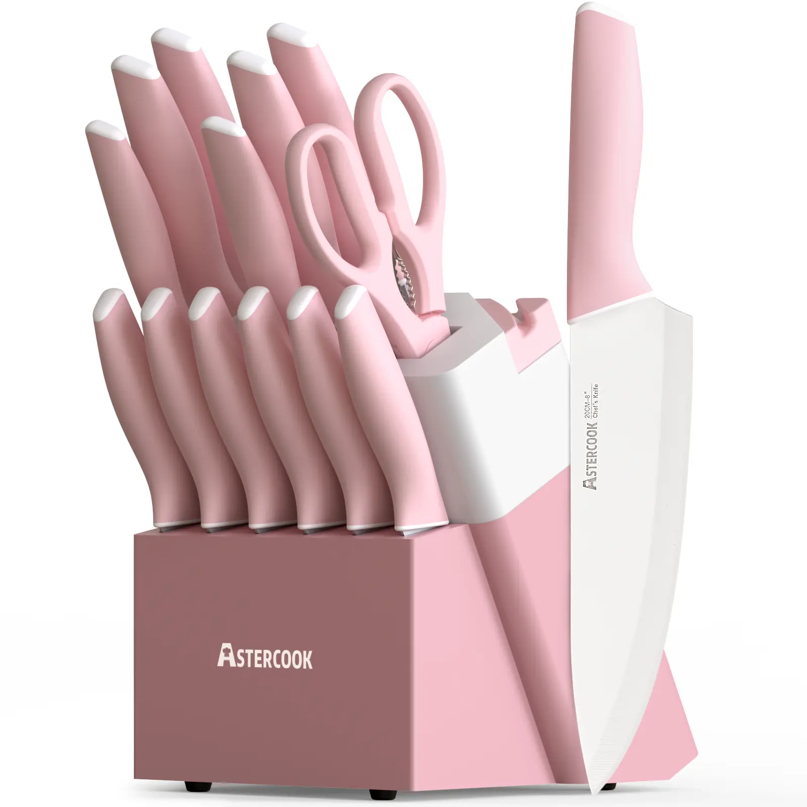 Astercook 15-Piece Modern Knives Kitchen Set - Rustproof High Carbon Stainless Steel Blade Kitchen Supplies with Hardwood Block, Sharpener, Chef, Bread, Santoku, Steak Knives, Ideal Valentine’s Day Gift (Crystal Pink), Scratch Resistant