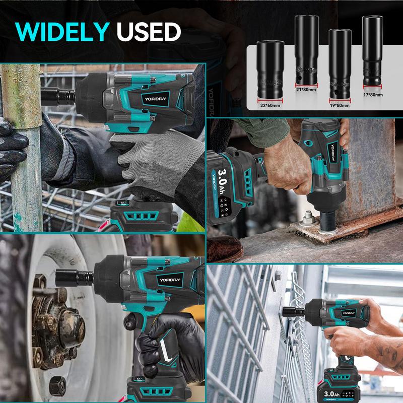 YOFIDRA Cordless Impact Wrench 1/2" Drive 1700Nm High Torque Power Tool Kit, 3-Speed Brushless Electric Wrench with 2×3.0Ah 1500mAh Batteries, Fast Charger, 17/19/21/22mm Sockets, LED Light, Compatible with Makita 18V Battery half inch