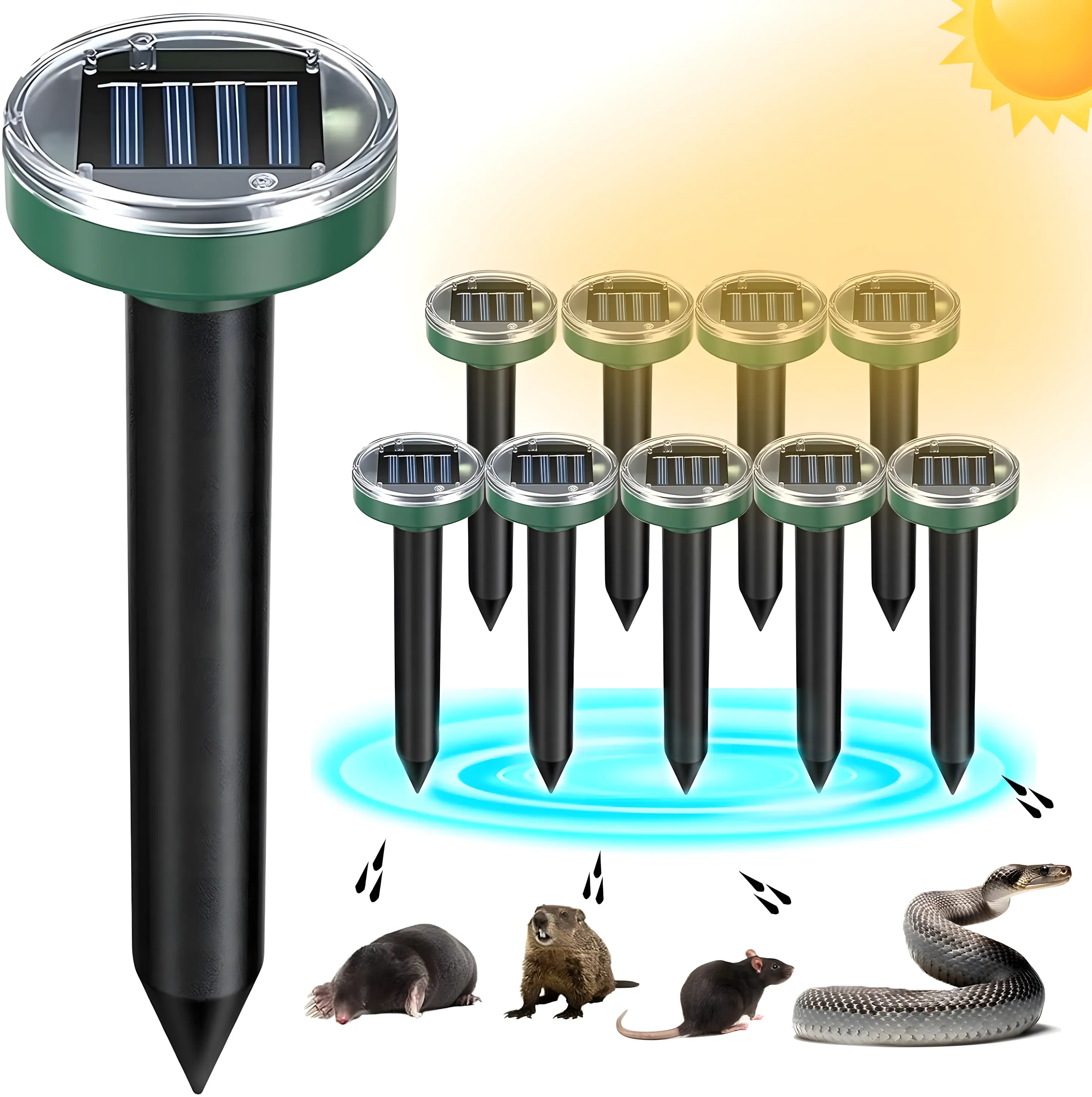 Solar-Powered Ultrasonic Pest Repellent Spikes (10 Pack) - Snakes, Groundhog, Gopher, Vole Deterrent with Electronic Flash Light, Solar Charging, Easy Installation, Hassle-Free Solution, No Harm to Plants for Lawn & Garden