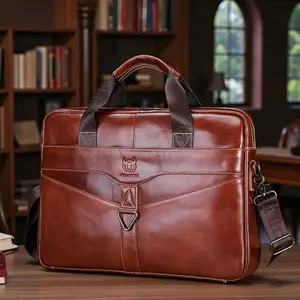 BULLCAPTAIN Leather 15 Inch Laptop Briefcase, Office Business Handbag