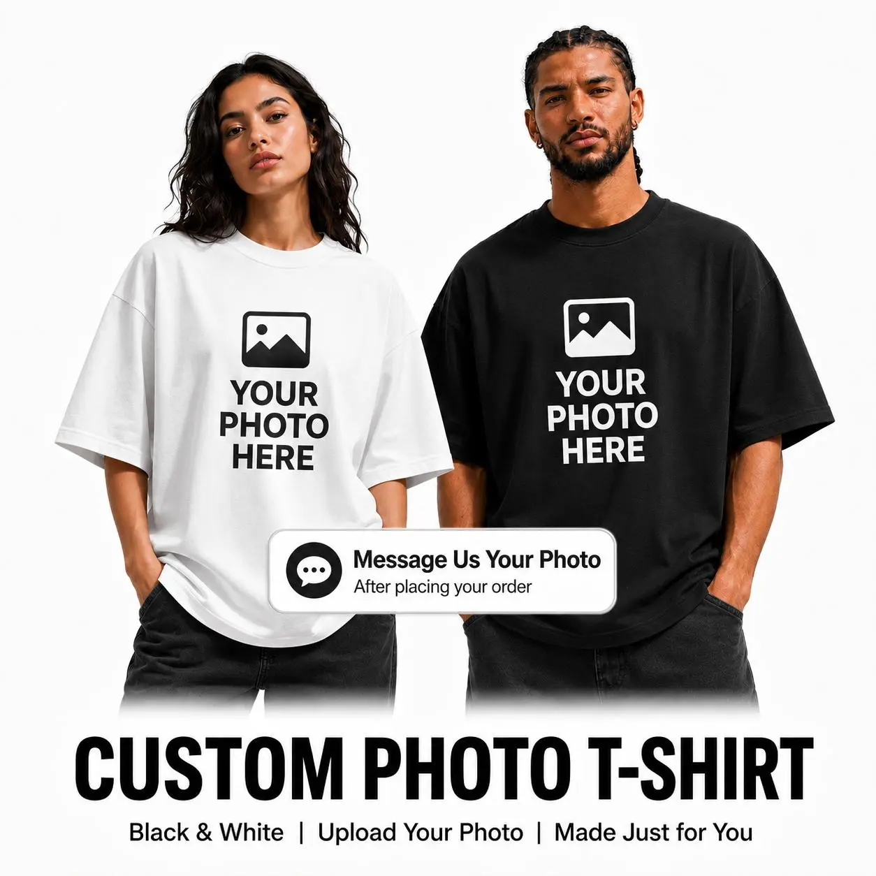 Custom Photo T-Shirt, Personalized Upload Image Shirt, Funny Face Graphic Tee for Men Women, Custom Pet Dog Cat Shirt, Personalized Dad Birthday Gift, Couple Family Matching Tee, Black White Short Sleeve Shirt