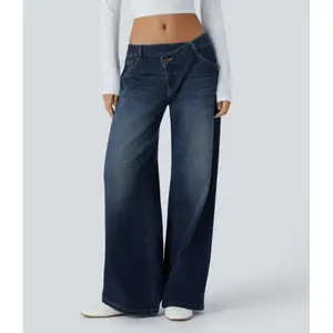 Asymmetric Low Rise Zipper Pockets Baggy Wide Leg Washed Casual Jeans#2025#fall#fallfasion