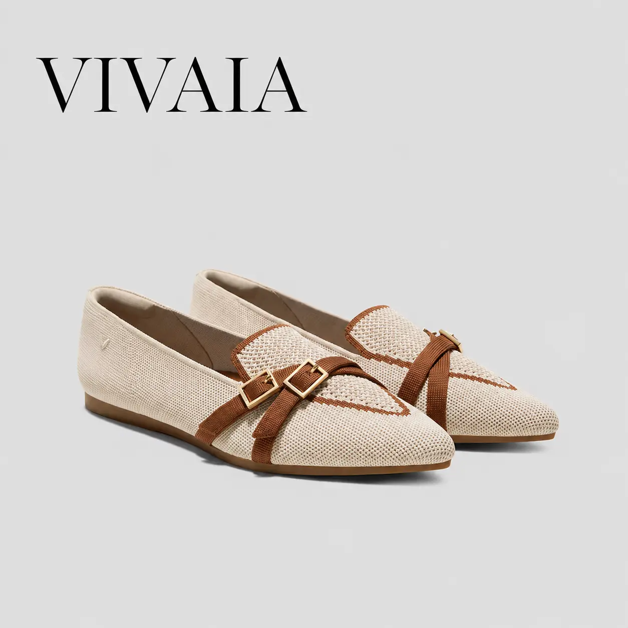 VIVAIA Women's Marvis Pointed-Toe Knit Loafers, Comfortable Casual Flats with a Crisscross Buckle, Machine Washable Dress Shoes for Work, Dress Loafers, Footwear, Rubber, Herbal, Walking Shoes, Modern, Breathable, Buckle Strap
