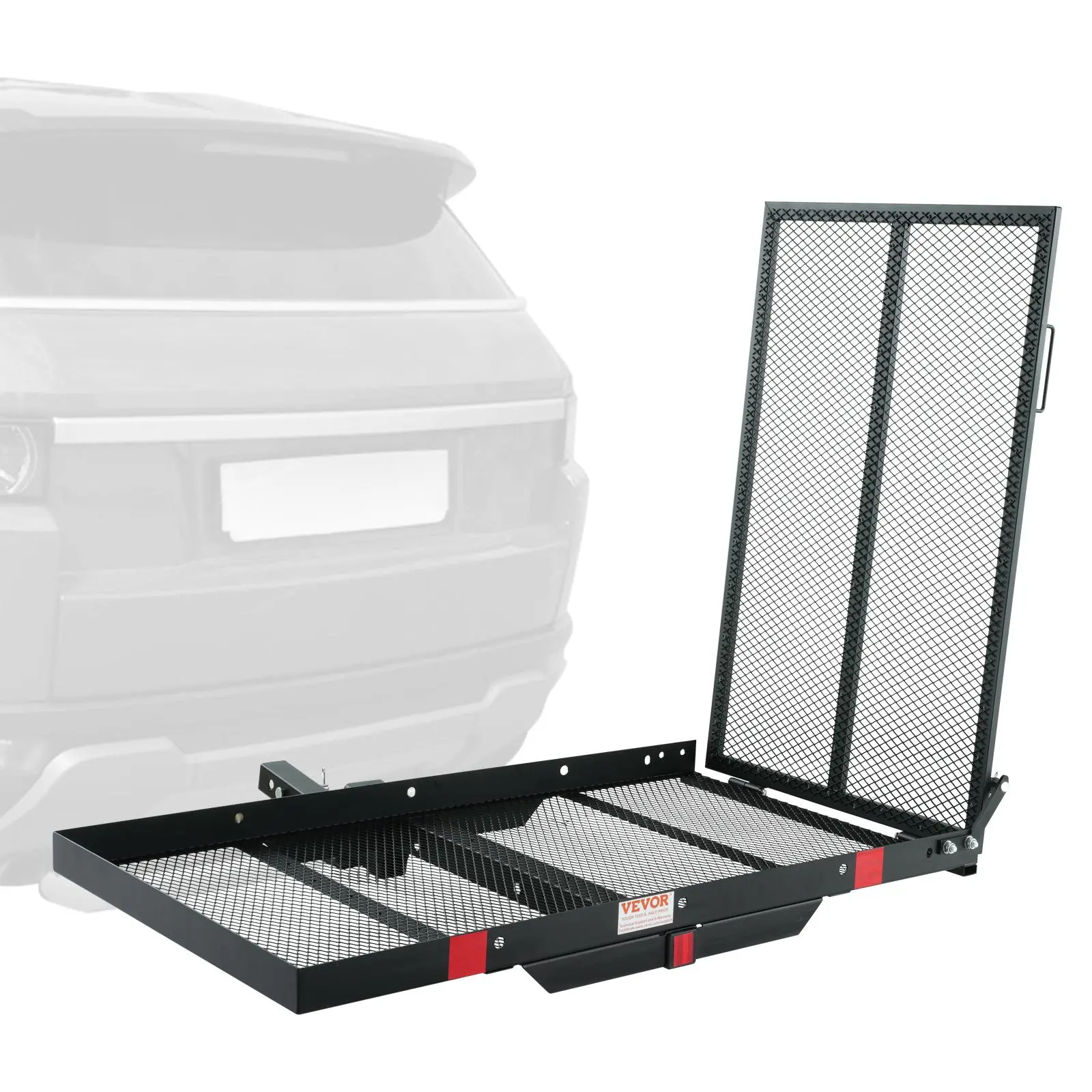 【Summerfinds】VEVOR Hitch Mount Cargo Carrier 45.3" x 25.6" Iron Hitch Cargo Rack with Folding RampHitch Rack Basket with Stabilizer and Straps500LBS Mobility Scooter Carrier Fit 2" Hitch Receiver