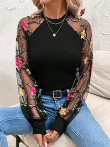 Womens Floral Embroidered Sheer Sleeve Blouse – Elegant Romantic Long Sleeve Top for Valentines Day & Date Night