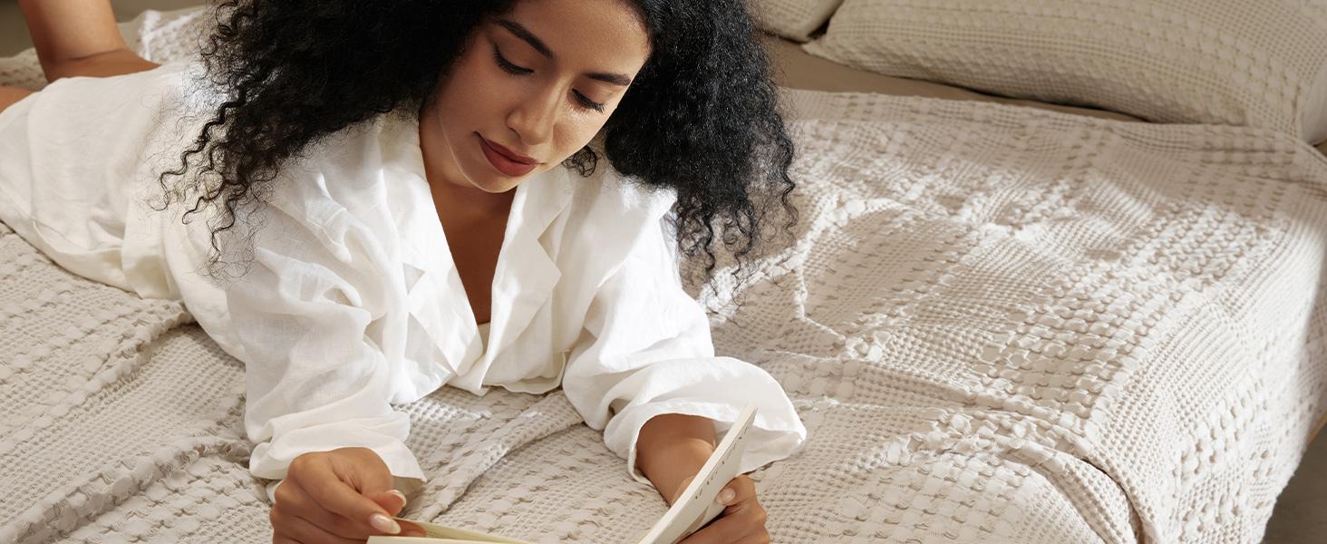 PHF 100% Cotton Weave Waffle Blanket, Aesthetic Soft Woven and Breathable Blanket for Bed Sofa Home Decor for All Seasons, New Year Gift