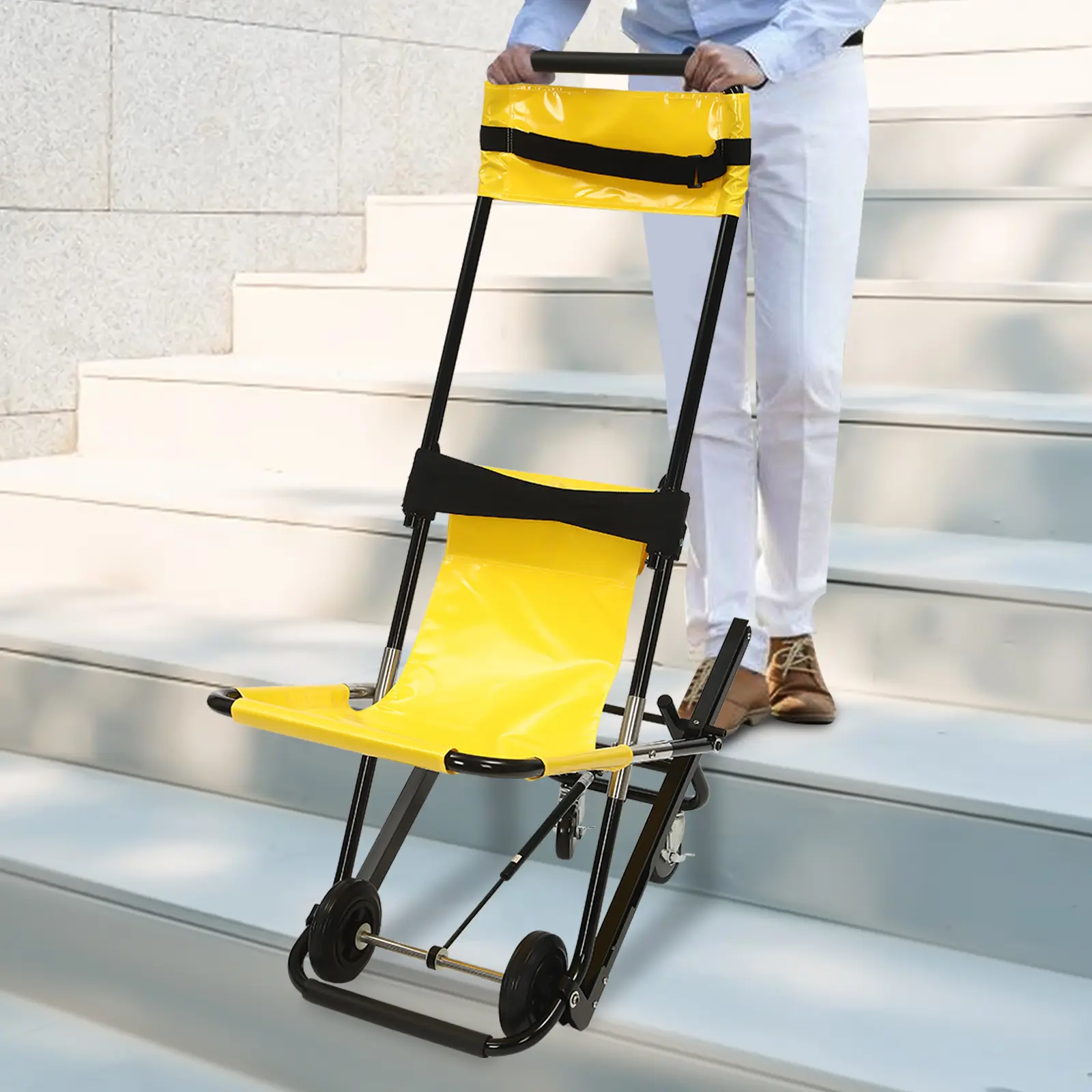 CNCEST Folding Stair Chair for Emergency Rescue Portable Lightweight Adjustable Headrest Safety Belts with Directional and Steering Wheels, 18.9*32.6*61.4In, 47.2*21.3*11.8In