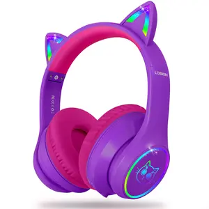 LOBKIN Bluetooth 5.4 Kids Headphones with Case - RGB LED Light Up Cat Ears Foldable Adjustable Over Ear Headphone Support Wireless or 3.5mm Wired Mode for Toddler & Girls & Boys Teens