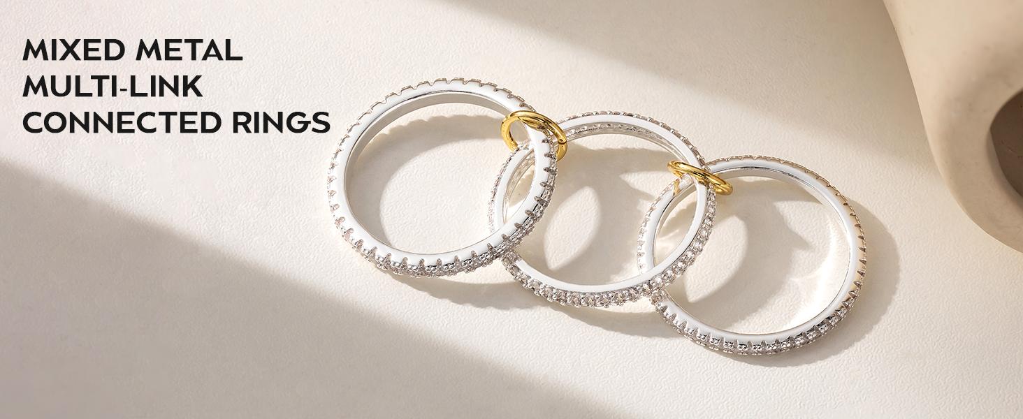 Tewiky 925 Silver Stackable Zircon Rings for Women Non Tarnish – Statement Mixed Metals Multi Ring Stack Rings Set Cubic Zirconia Two-Toned Connected Bands Stacking Ring elegant Jewelry Size 6-10 For Valentine's Day gifts