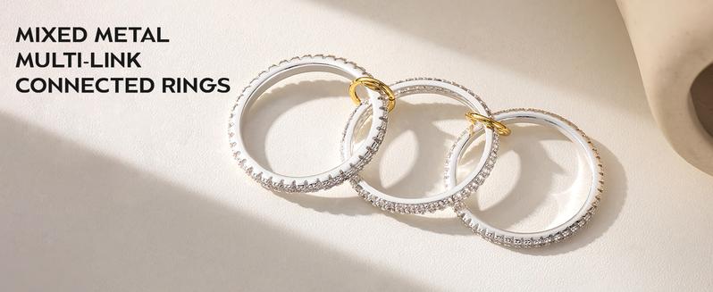 Tewiky 925 Silver Stackable Zircon Rings for Women Non Tarnish – Statement Mixed Metals Multi Ring Stack Rings Set Cubic Zirconia Two-Toned Connected Bands Stacking Ring elegant Jewelry Size 6-10 For Valentine's Day gifts