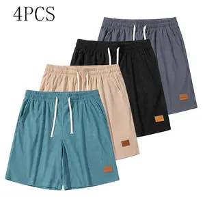 Set of 4 men’s retro corduroy casual shorts, loose fit with a twill fabric design and slanted pockets; breathable, street-style straight cut suitable for relaxed city walks and outdoor activities; drawstring athletic shorts — corduroy shorts