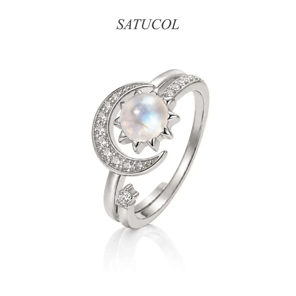 Adjustable Celestial Sun & Moon Ring, Platinum Plated Moonstone Style Ring with Zircon, Star & Crescent Moon Design, Matching Friendship Jewellery for Couples & Besties, Valentine’s Day, Birthday, Anniversary & Christmas Gift
