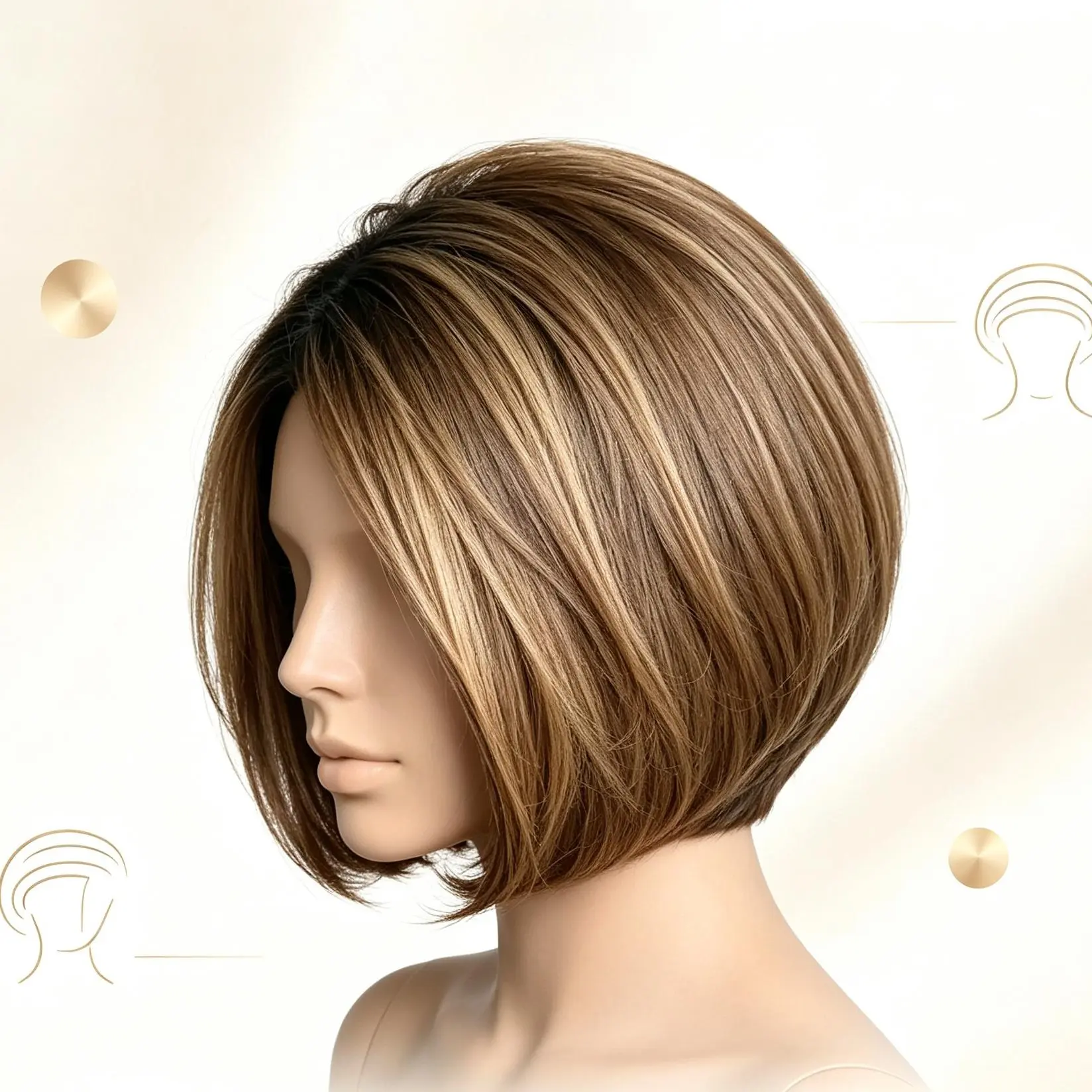 Short Bob Synthetic Wig, Brown Blonde Highlight Asymmetrical Bob Wig, Natural Looking Side Part Short Hair Wig for Daily Evening Occasions