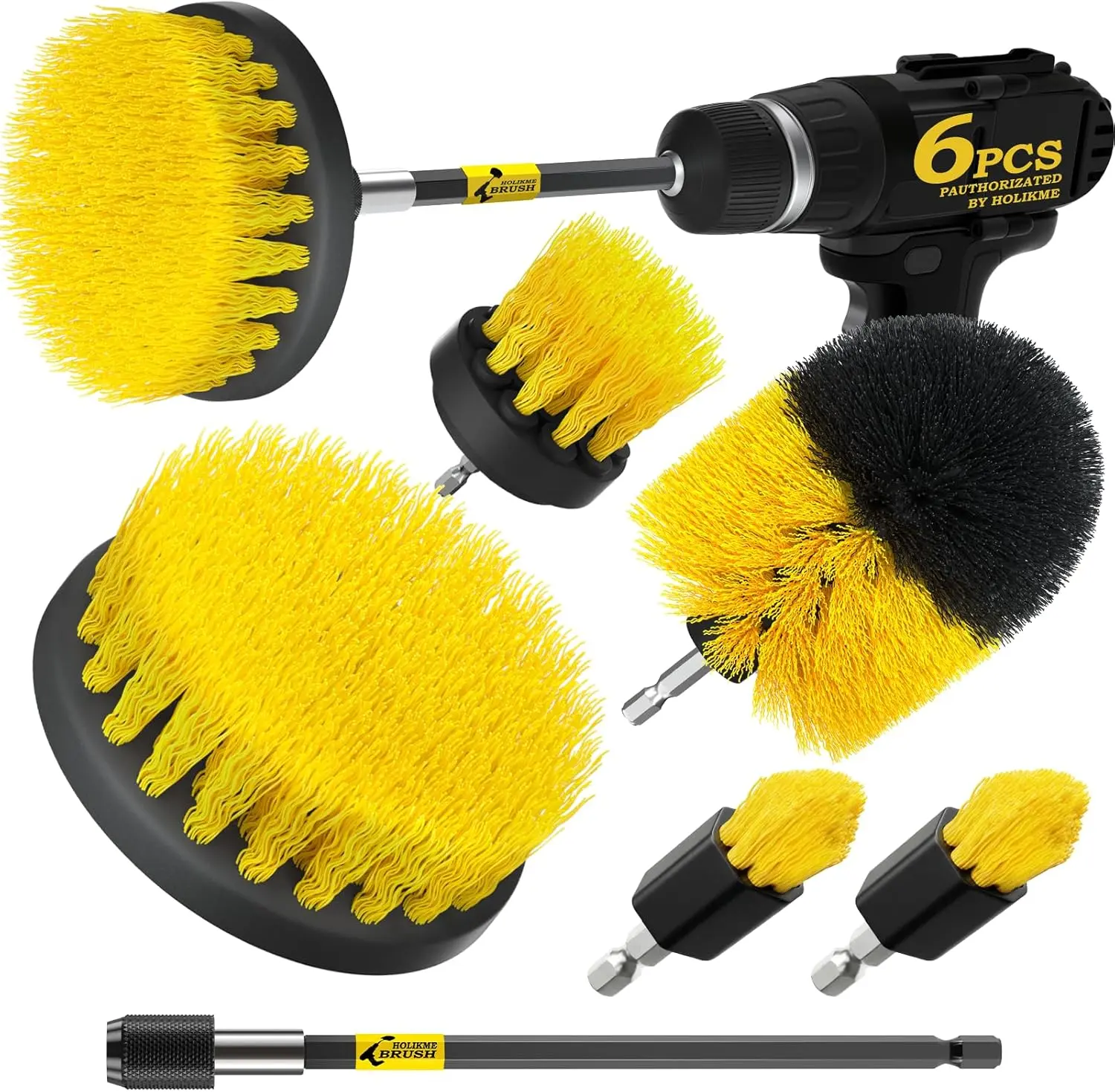 Holikme 6Pack Drill Brush Power Scrubber Cleaning Brush Extended Long Attachment Set All Purpose Drill Scrub Brushes Kit for Grout, Floor, Tub, Bathroom and Kitchen Surface,Scratch Brushes（Yellow） summerwins