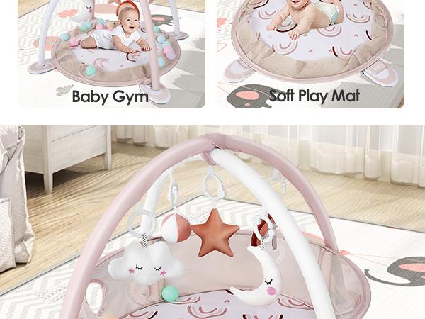 Dearlomum 4-in-1 Baby Play Mat Elephant Gym Tummy Time Mat for Floor Activity with 30 Balls & 5 Sensory Toys for Newborn Toddler Boy & Girl Gifts Playpen Cute