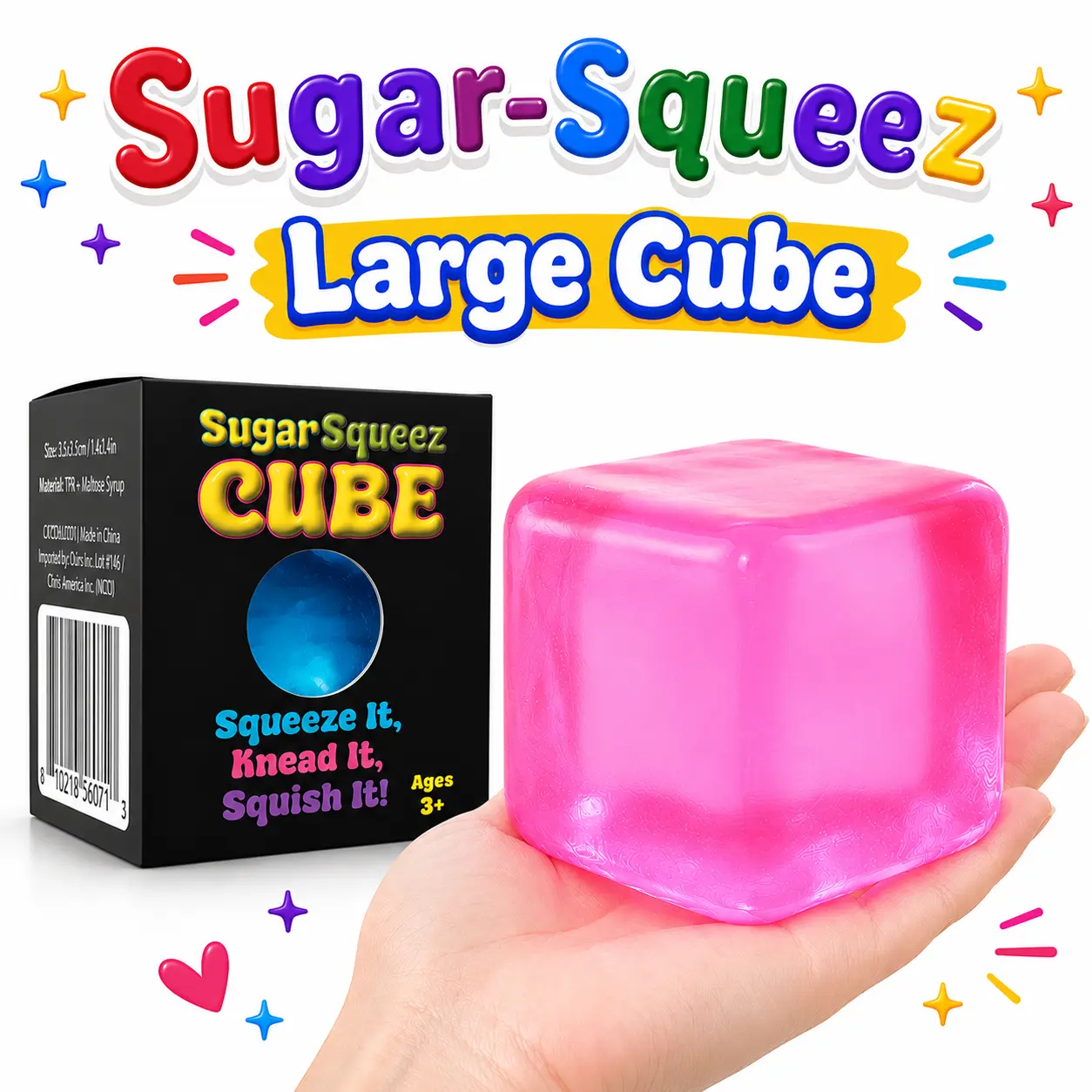SugarSqueez Large Cube Squishy Stress Ball, 3" Slow Rise Fidget Toy, Maltose Syrup Filled Sensory Squish, Anxiety & Stress Relief, Ages 3+, Assorted Colors