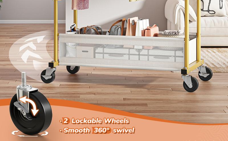 Raybee Double Hanging Rod Clothes Rack with Net Pockets, 3 in 1 Metal Clothing Rack with Wheels, Portable Rolling Garment Rack, Closet Rack for Bedroom, Apartment, Laundry Room, Bantique, Gold, Black, White