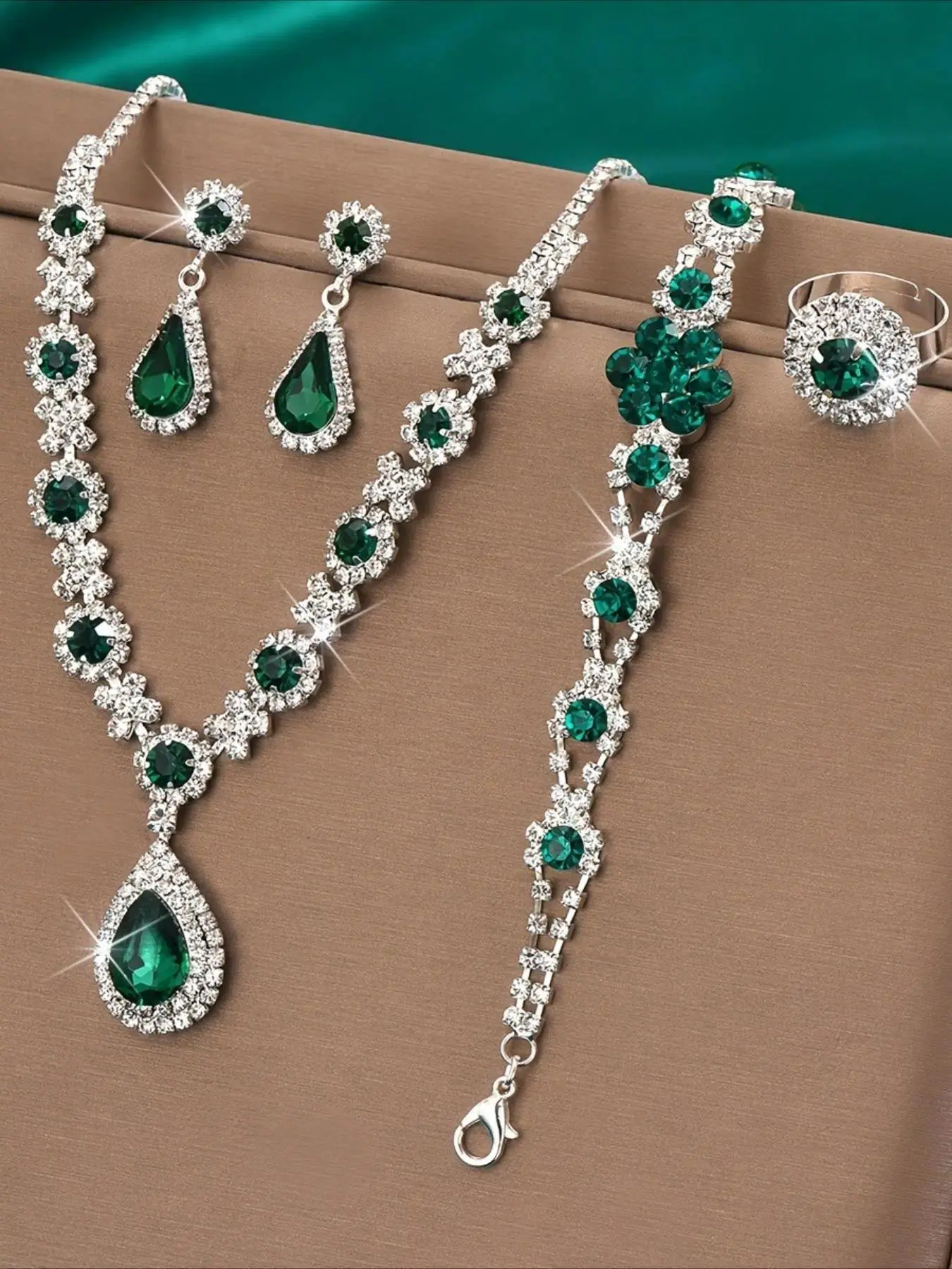 Elegant Emerald Jewellery Gift Set, Exquisite Trendy Necklace & Earrings & Bracelet & Ring, Fashionable Jewelry Set for Party Decoration, Matching Jewelry Set