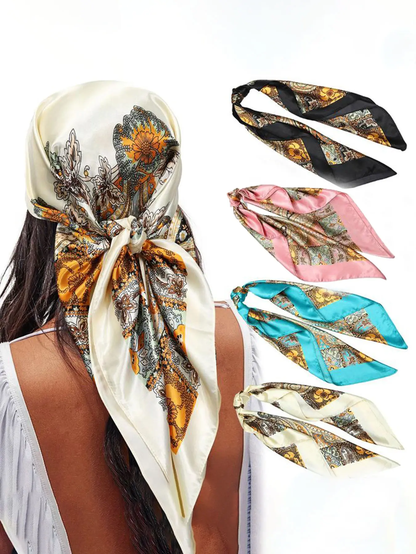 4PCS/set 90*90cm Large Square Head Scarves Silk Like Neck Scarf Bandana Floral Scarf Hair Sleeping Head Wrap Fashionable Hair Scarfs for Women Headscarf Floral Print Scarf