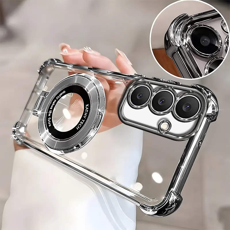 Suitable for [Galaxy S25 Fe] high-end phone case🥰, Electroplated Luxury Clear Phone Case with Ring Stand Holder 4-Corner Shockproof Camera Protective Cover 952