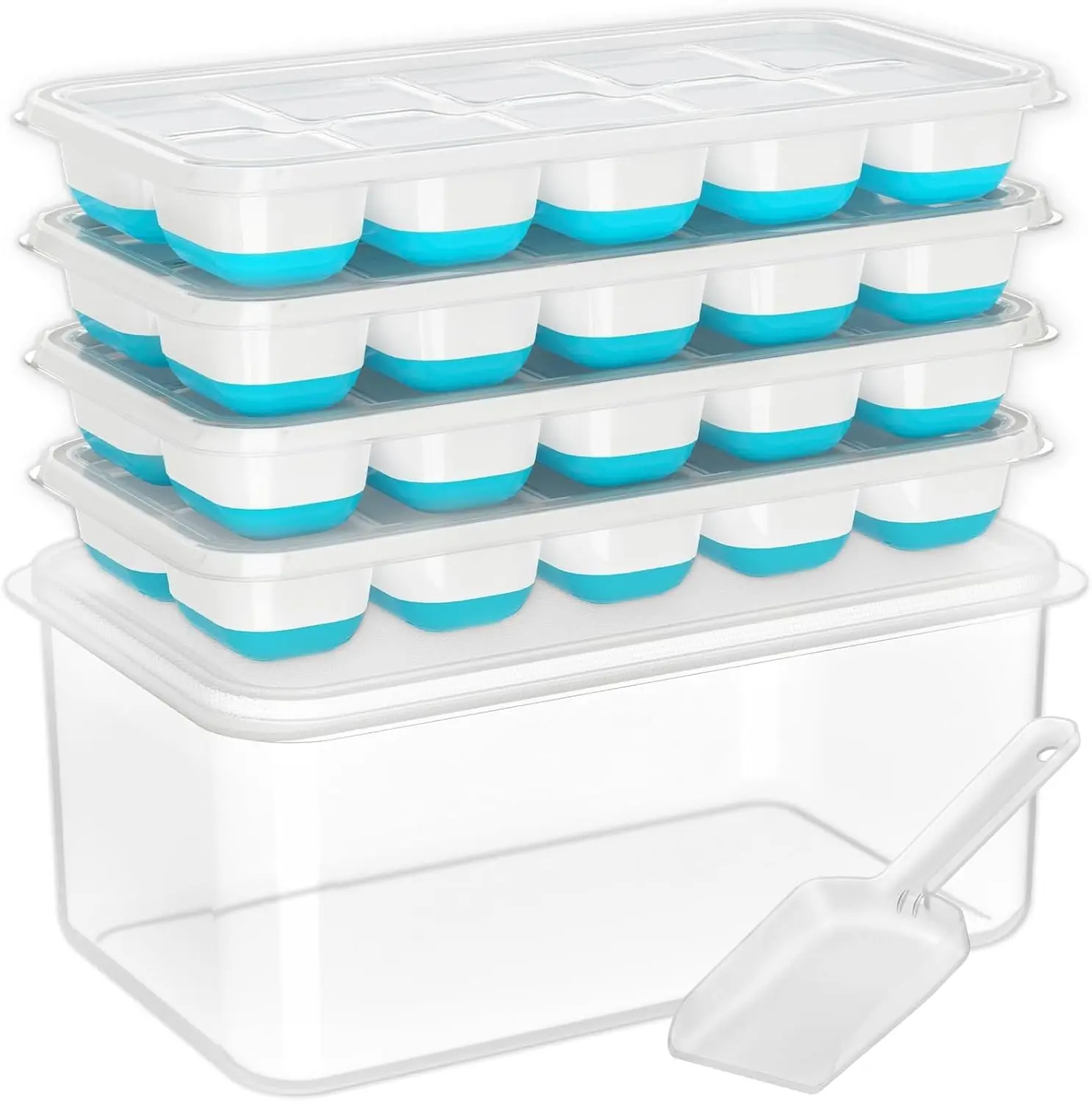 Kitchenware Bar Utensils 4-Pack Thick BPA-Free Flexible Silicone Square Ice Cube Tray Set with Lids, Rust-Resistant Plastic Ice Bucket, Scoop, Stackable Design, Flexible Bottoms (8.2 x 4.5 x 3.6 inches) - Freezer Organization for Apartments, Cocktails