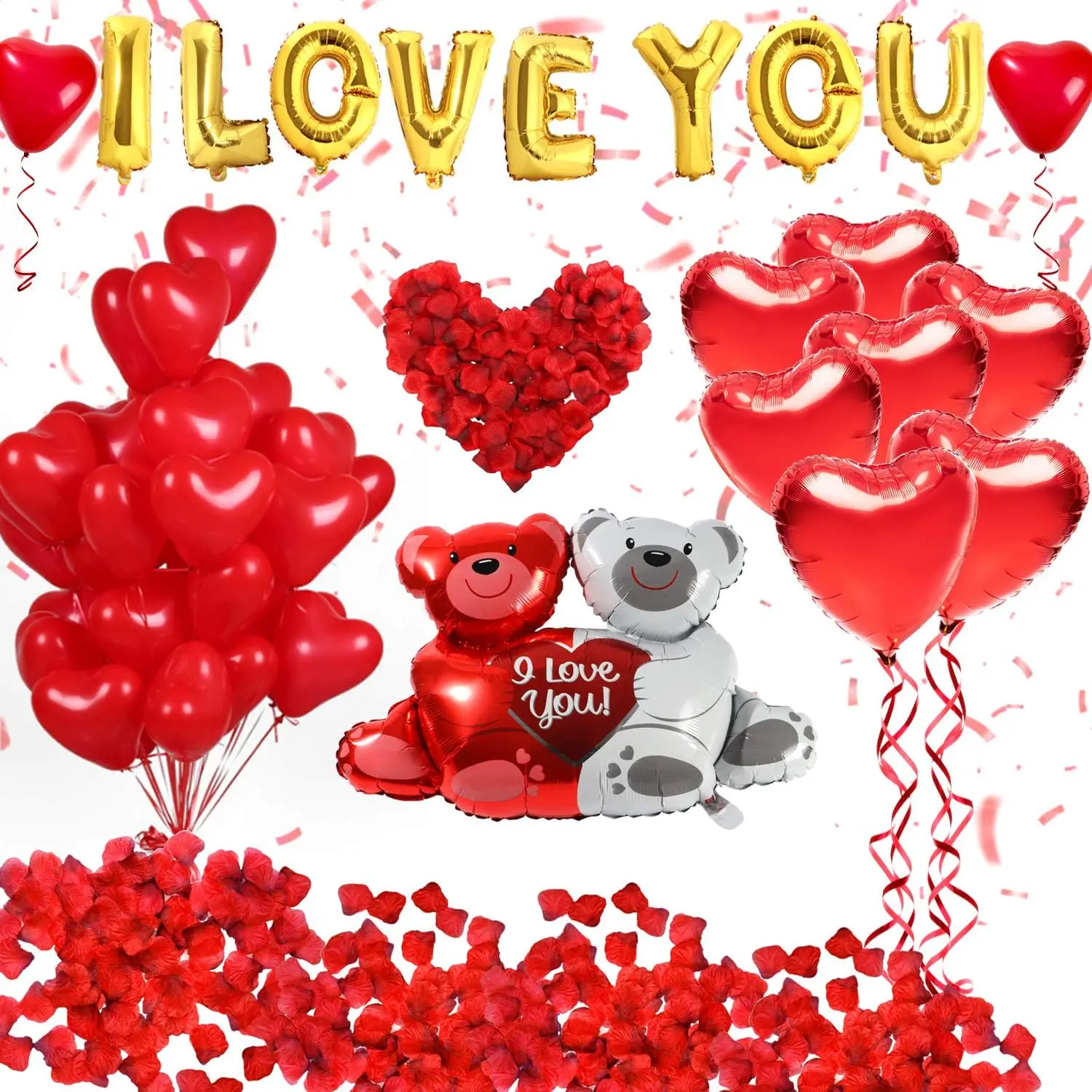 40-Pack Heart Shape Balloons & "I Love You" Balloons Kit with 1000 Dark-Red Silk Rose Petals, Love Bear Decor for Valentine's Day Wedding Party Supplies, Lovers’ Gift Home Festive Decorations