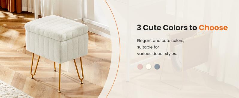 Sweet Furniture F Faux Fur Vanity Stool with Storage, Soft Padded Makeup Footstool Ottoman Seat with Metal Legs, Footrest for Bedroom and Entryway, Adjustable Feet Included