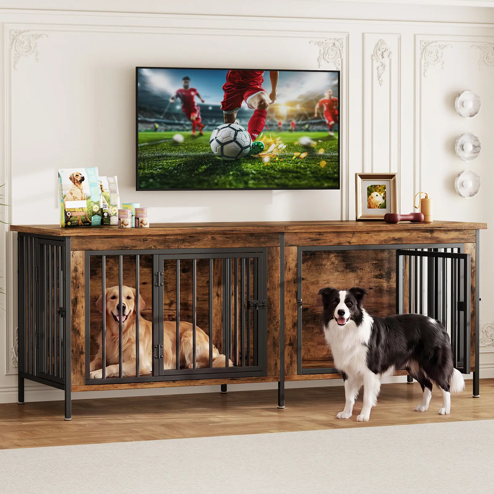 Heavy Duty Wooden Dog Crate Furniture - 54/63 Inch Double Indoor Kennel, TV Stand Top for 1/2 Dogs, Pet House Console