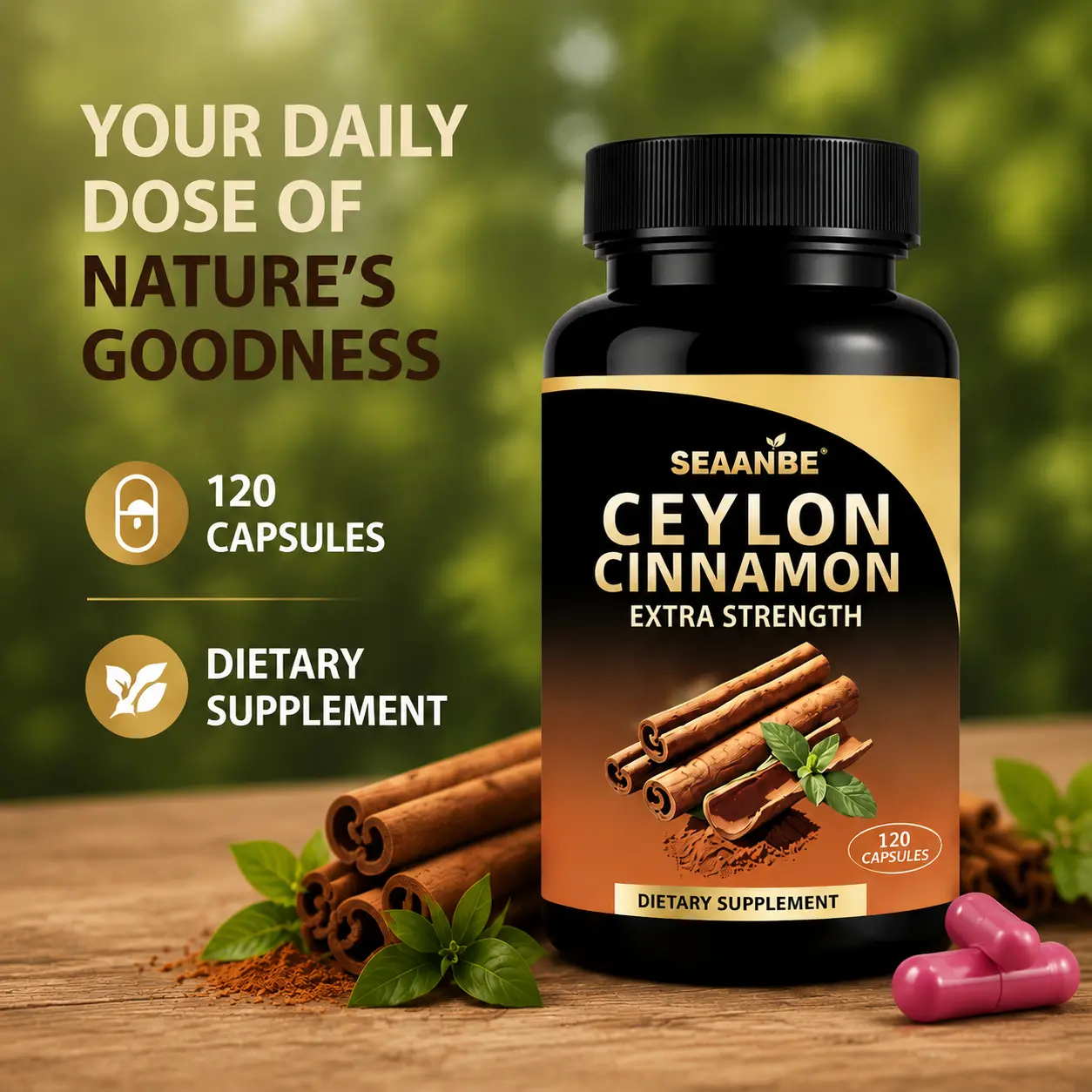 Ceylon Cinnamon Extra-Strength Capsules - Dietary Health & Wellness Supplement (120 Count)