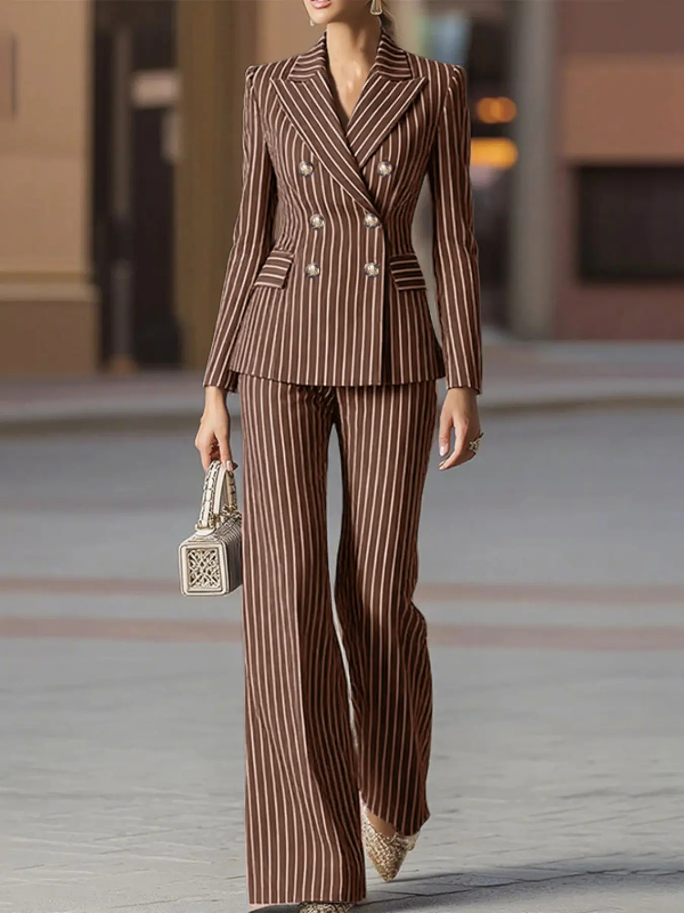 Women's Casual Striped Fitted Set, Suit, Blazer Outfits, Blazer Neck Long Sleeve Button-Up Jacket + Elastic Waist Straight Leg Pants, Daily Commute, High Waisted Suits