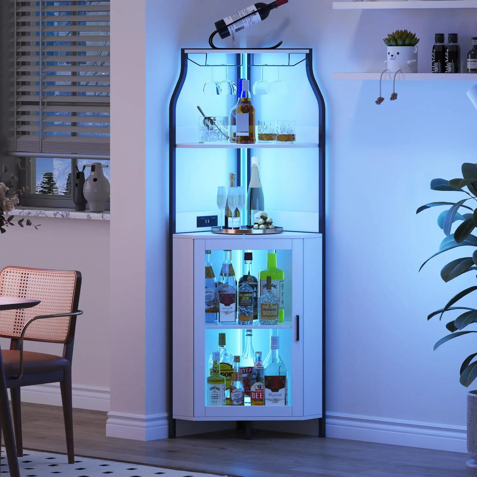 Garvee Space-Saving 5-Tier Corner Wine Bar Cabinet with Barn Door - Adjustable Shelves, Removable Wine Rack, Built-In Glass Rack, Mesh Door & Farmhouse Liquor Storage for Kitchen Dining Living Room - Tiger Wood/White Bas-Relief