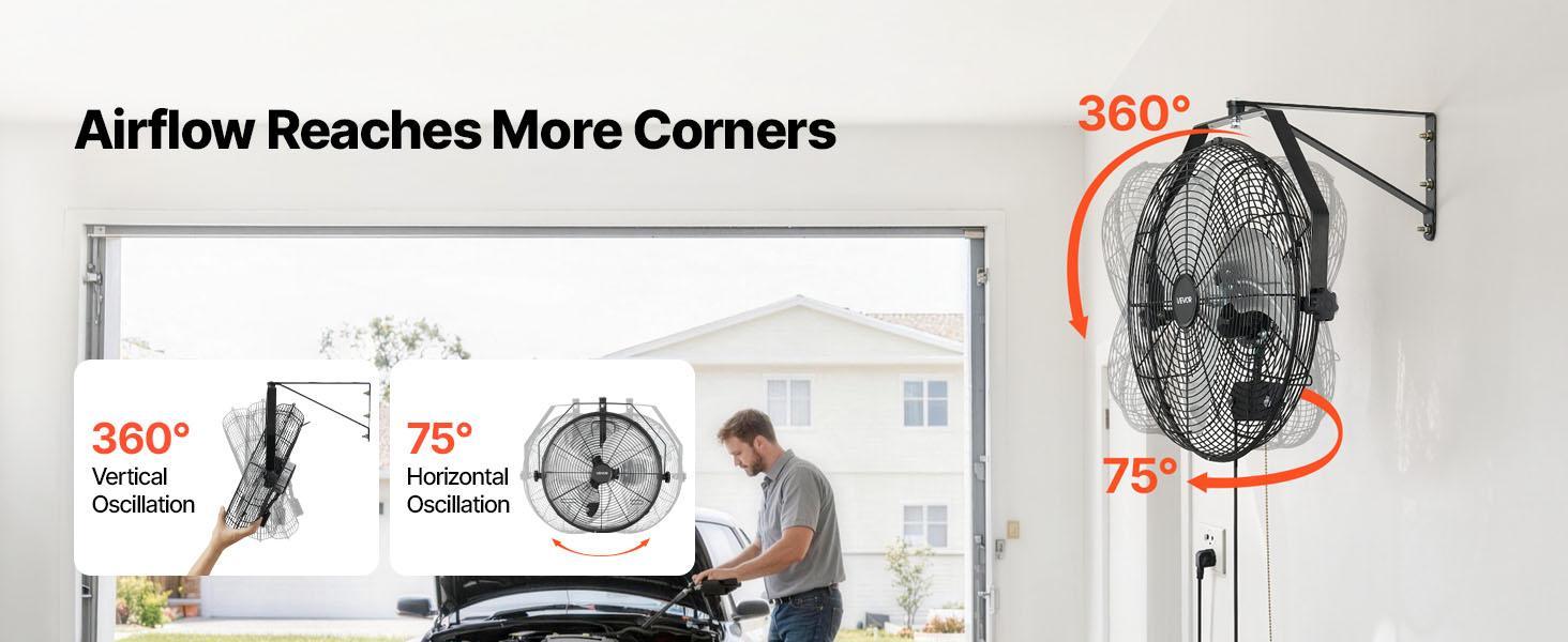【BackToSchool】VEVOR 18-in Cooling Wall-Mounted Fan, IP44-Rated Protection, 3-Speed Settings, Long Airflow Distance, Adjustable Oscillation Angle, Filterless Powered Fan for Industrial Use | Father's Day Gift, Cooling Wall-Mounted Fans, Dual-Speed Wall-Mou