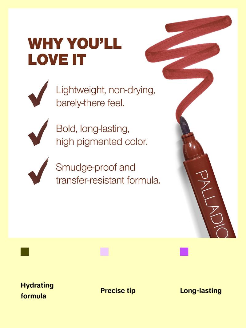 Palladio Lip Stain, Hydrating and Waterproof Formula, Matte Color Look, Longlasting All Day Wear Lip Color, Smudge Proof Natural Finish, Precise Chisel Tip Marker